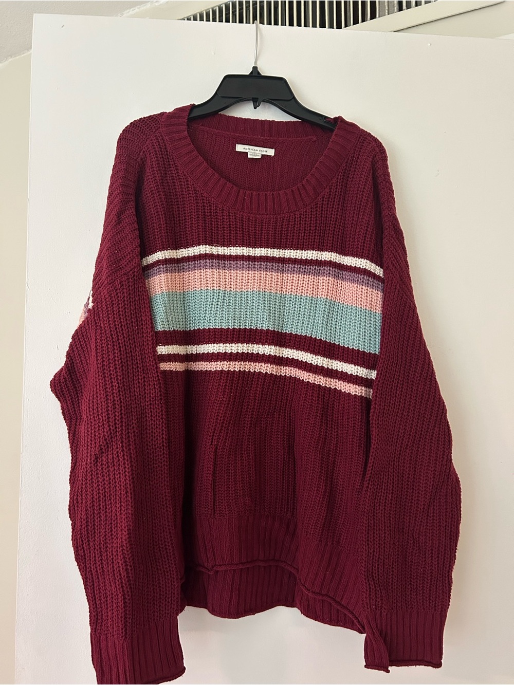 American Eagle Outfitters Maroon Crewneck Sweater with Pastel Stripe